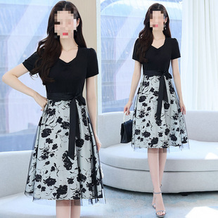 New Style Fashionable Short-Sleeved Dress for Women in Summer with Mesh Splicing to Reduce Age, Slimming and Flesh-Covering Floral Skirt