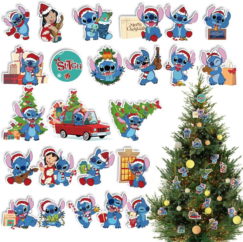 24ピース木制クリスマスツリー装饰ブルースティッチ漫画セットペンダントクリスマスパーティー装饰付け看板|undefined