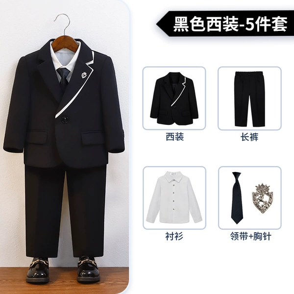 Black set, shirt, jacket, trousers, brooch, tie