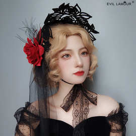 法式Lolita死神女巫一片式帽子波奈特扁帽万圣节玫瑰花礼帽FD-117