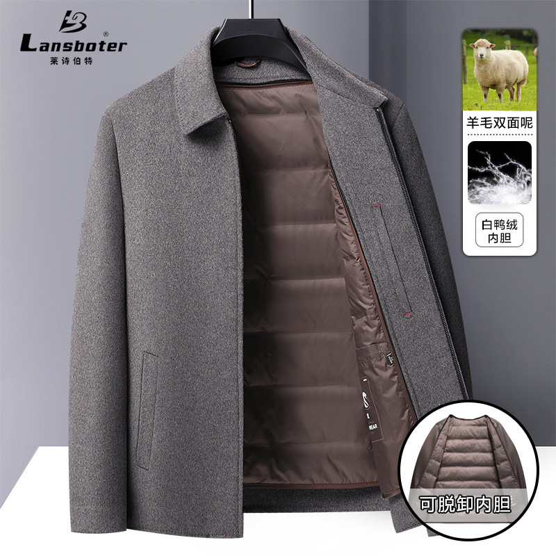 Middle-Aged Double-Sided Wool Jacket Middle-Aged Men's Autumn and Winter Business Stand-Up Collar White Duck down Liner Wool Double-Sided Wool Jacket Middle-Aged Double-Sided Wool Jacket Middle-Aged Men's Autumn and Winter Business Stand-Up Collar White Duck down Liner Wool Double-Sided Wool Jacket