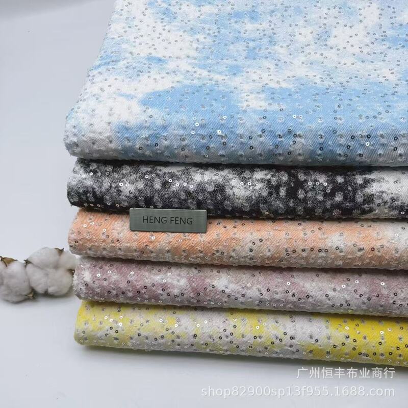 Blue Sky and White Clouds Embroidered Beads Sequins Denim Fabric Jacket Pants Skirt Clothing Bags Hat Fabric Manufacturer Wholesale