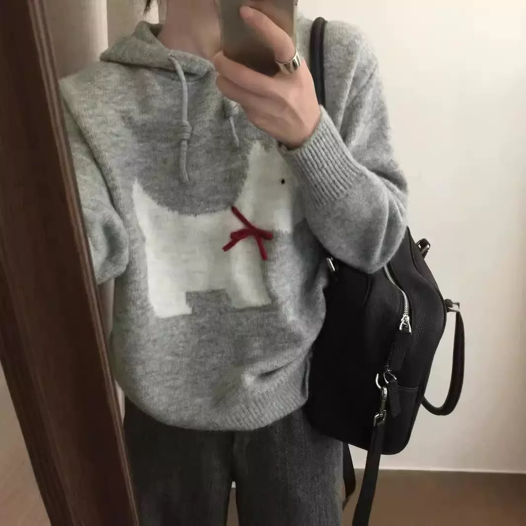 小狗刺绣连帽卫衣2024秋季新款羊毛针织衫休闲学院风上衣女