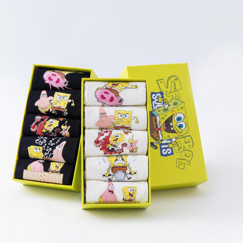 Socks women a box of five pairs of Spongebob cartoon printed boat Socks ins Japanese spring and summer shallow mouth socks Socks women a box of five pairs of Spongebob cartoon printed boat Socks ins Japanese spring and summer shallow mouth socks