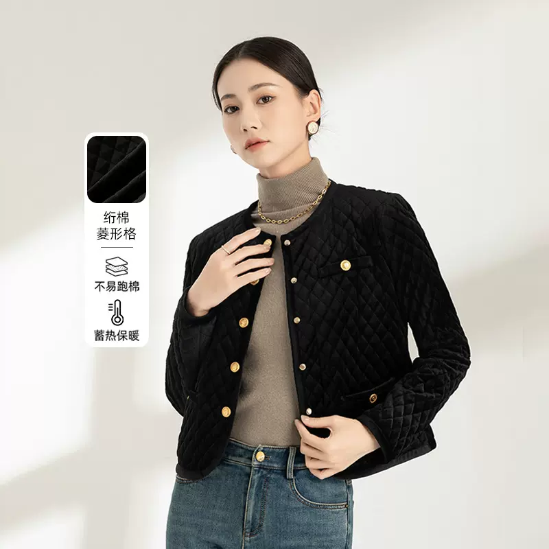 丝绒小香风外套女2025冬季新款圆领夹棉加厚短款上衣菱格轻奢法式