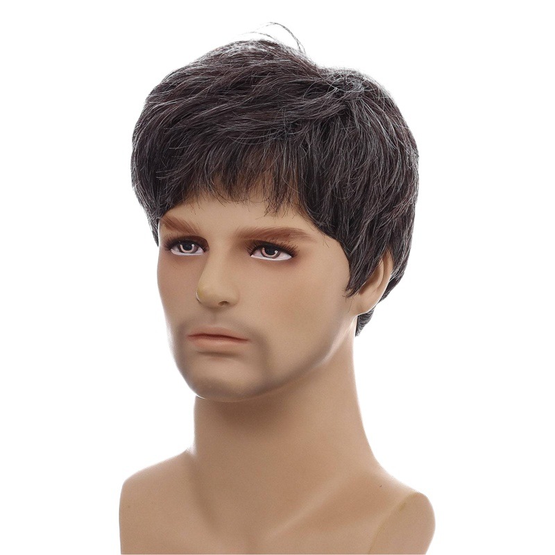 Peluca europea y americana transfronteriza Peluca de los hombres de la moda mullida mecanismo de pelo corto Peluca de fibra química cubierta de la cabeza Peluca de los hombres