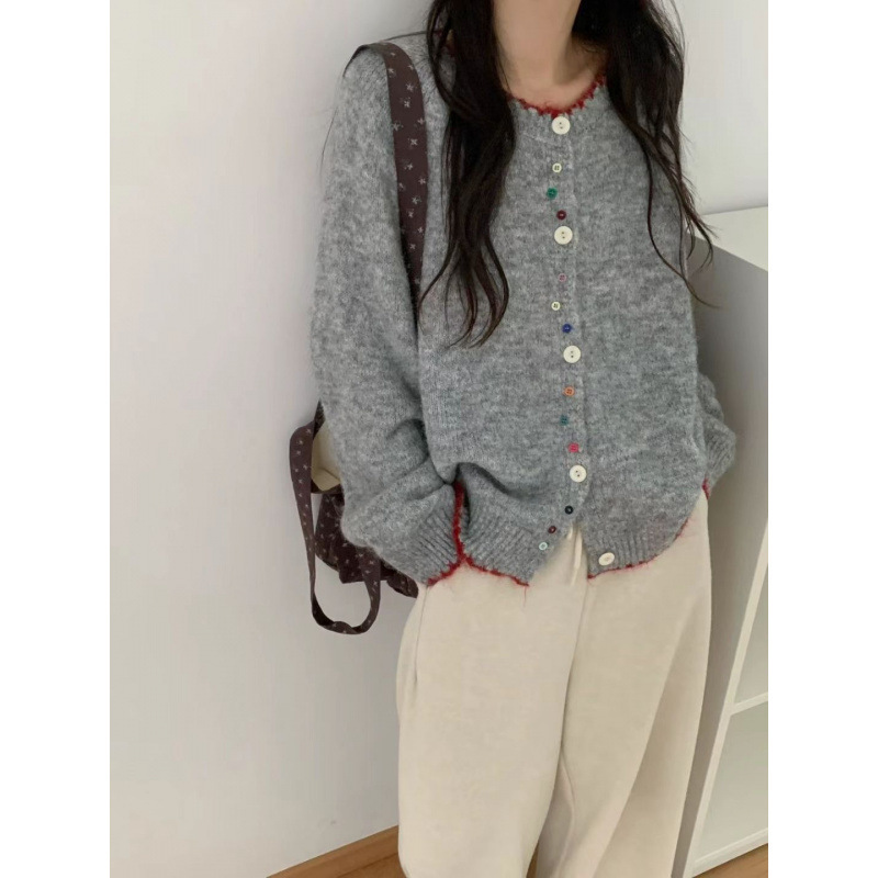 KANING韩版彩扣撞色软糯针织开衫2025秋冬新款宽松显瘦圆领毛衣女|undefined