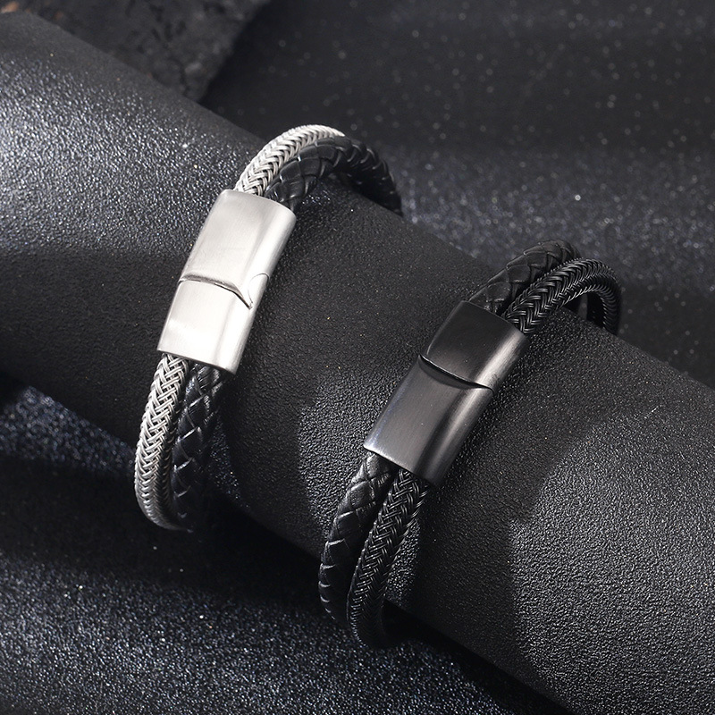 25g Weight Simple Style Geometric Stainless Steel Leather Rope Plating Men's Bangle Men Cord & Leather Bracelets