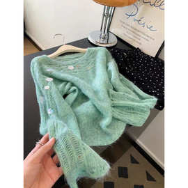 自留款推荐~多巴胺绿色亮片拼接针织衫女秋季新款氛围感穿搭上衣