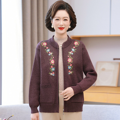 Winter and Autumn Outwear for Middle-Aged and Elderly Women, Cashmere Sweater Set with Additional Thickenings, Knitted Cardigan for Grandmother and Mother, Warm Clothing for Elderly Women