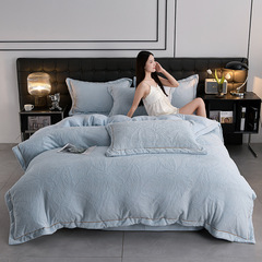 新款牛奶絨四件套輕奢風冬季保暖簡約純色四件套雕花加厚軟糯貼身