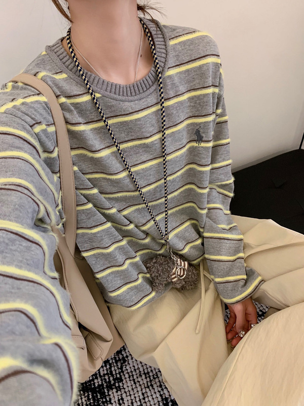 韩系撞色条纹长袖T恤女2025早秋新款宽松休闲显瘦慵懒风打底衫|undefined