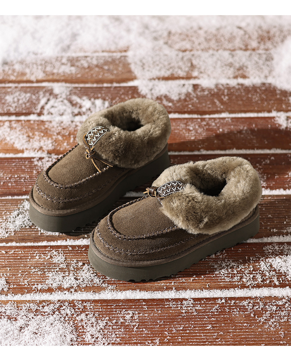 Boot tuyết nữ da cừu liền thân lót lông dày giữ ấm đế dày 4 cm — con linh dương màu nâu chi tiết 16