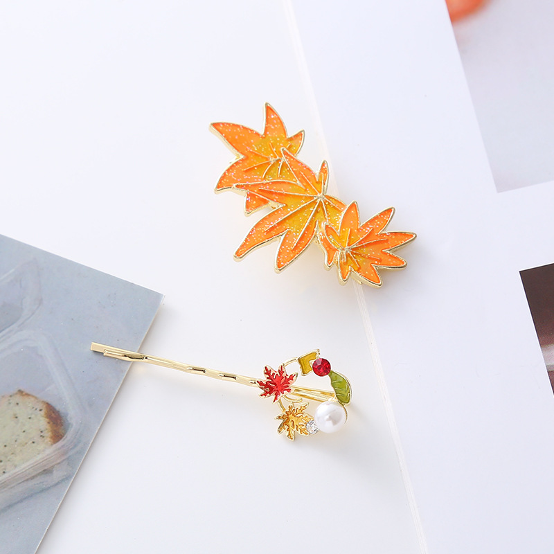 秋季新款原創楓葉閃粉髮夾楓葉組合髮飾少女時尚百搭髮夾髮飾批發