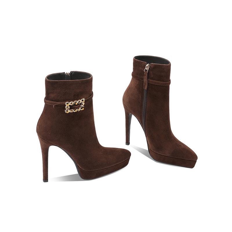 Boot nữ cổ cao da cừu thật, gót siêu cao 12 cm, mũi nhọn phong cách Âu Mỹ — Lớp lót nhung màu nâu 12cm
