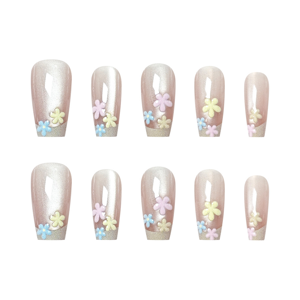 Esmalte de uñas en relieve tridimensional en 3D, flores de tres colores, uñas de vestir de ojo de gato hechas a mano, 10 piezas, manicura francesa de moda dividida image 6