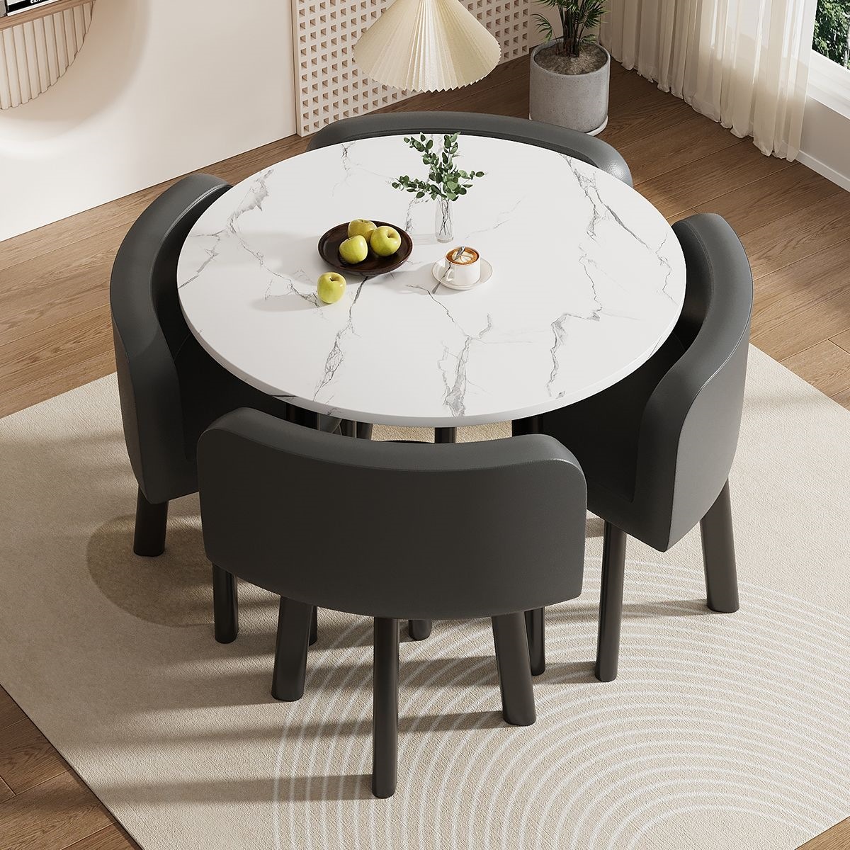 80CM white pattern round table + 4 black leather chairs