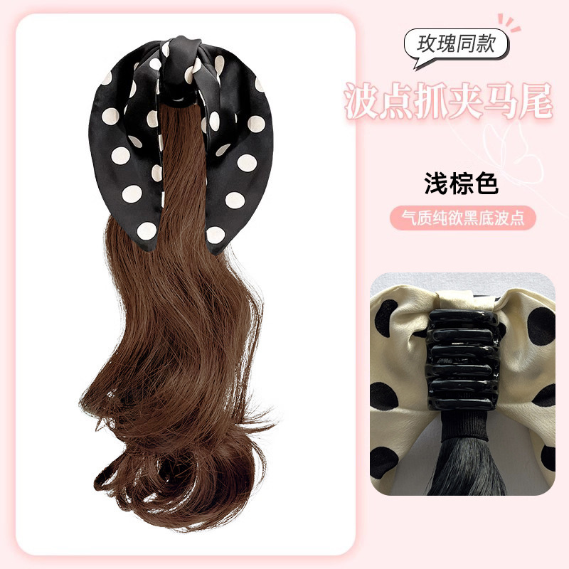 블랙 폴카 도트 보우 클립 스타일: 라이트 브라운 포니테일