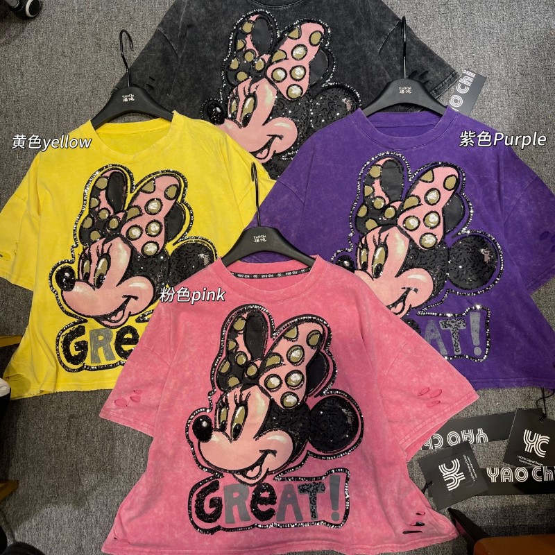 Marca de moda europea, industria pesada, tie-dye, diamantes completos, Mickey, cuello redondo, camiseta de manga corta, tendencia suelta corta, verano femenino, nuevo estilo