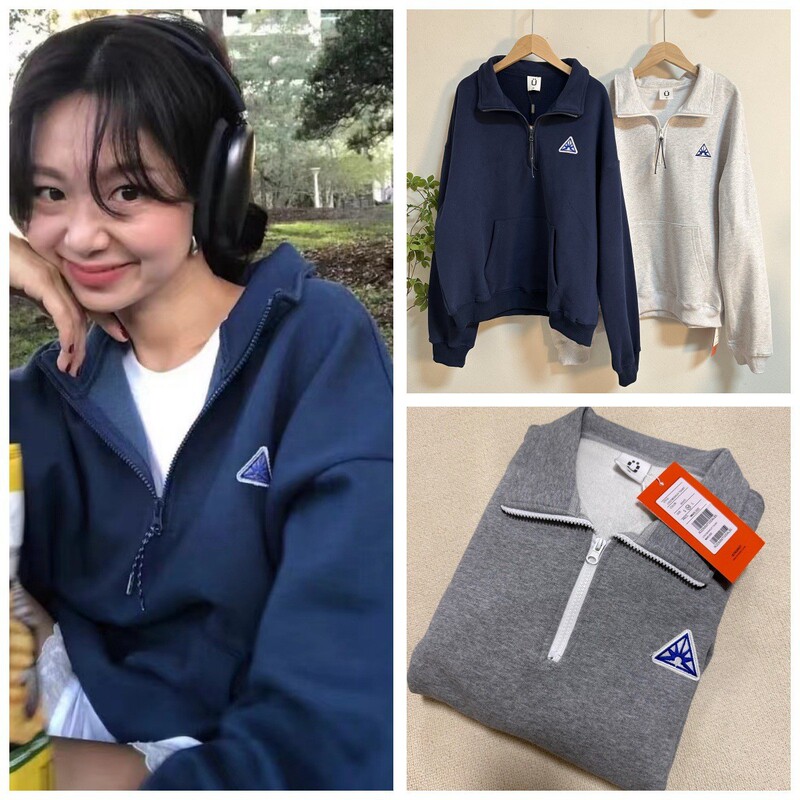 In-Stock Korean Trendy Brand Fever Same Style Triangle Embroidery Small Icon Half-Zip Sweatshirt Thin Fleece Casual Jimo Sweatshirt