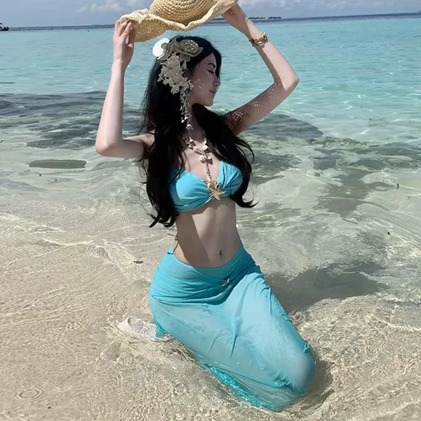 Island Vacation Style Lake Blue Two-Piece Bikini with a Niche High-End Feel, Sexy and Slimming, Stunning Long Dress Swimsuit