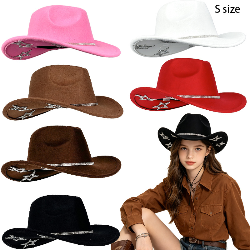 New children's western cowboy hat, woolen hat with three layers of rhinestones and five-pointed star decoration, 54cm head circumference, for autumn and winter