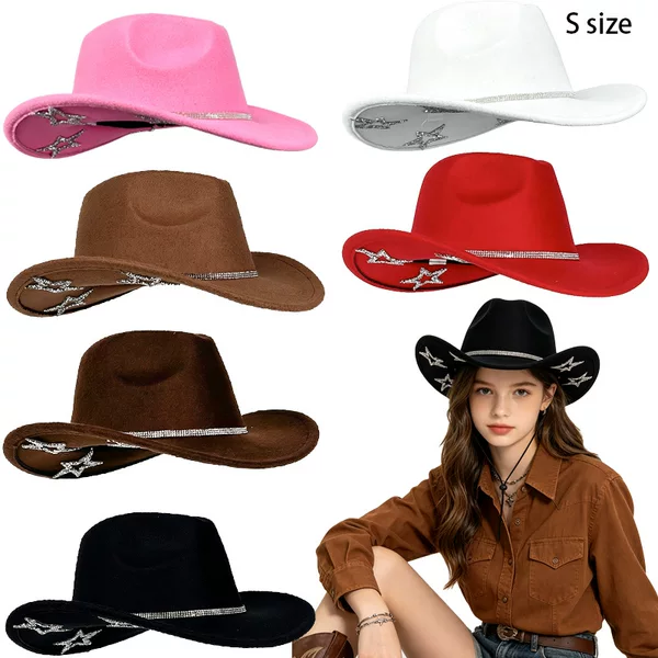 New children's western cowboy hat, woolen hat with three layers of rhinestones and five-pointed star decoration, 54cm head circumference, for autumn and winter