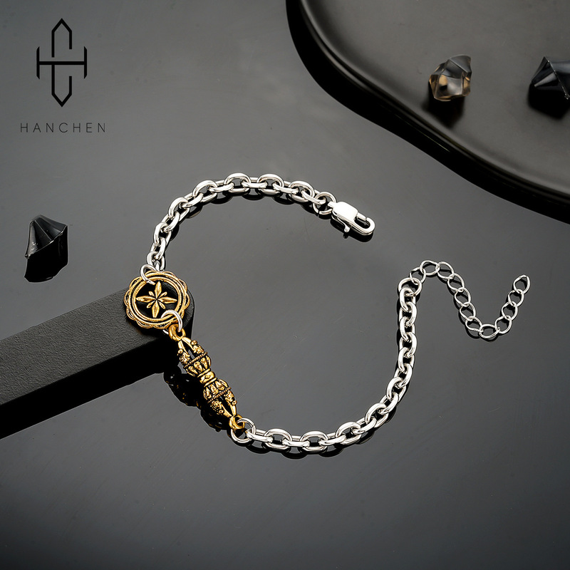 Xizang Ethnic Style Gold-Colored Diamond Rod Bracelet for Men Niche Simple Retro Light Luxury Personalized Fashion Hand Jewelry Trend