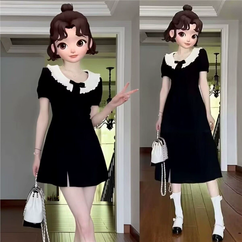 Черное платье больших размеров с воротником-кукольным вырезом, женское летнее длинное и короткое тонкое маленькое черное платье в стиле Хепберн 100kg