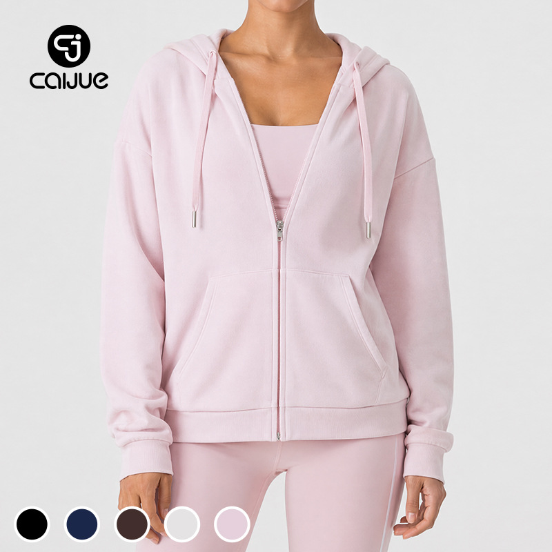 Caijue American-Style Zip-Up Hooded Fleece Sweatshirt for Women, Solid Color, Lazy Style, Loose Cardigan, Casual Top, Jacket