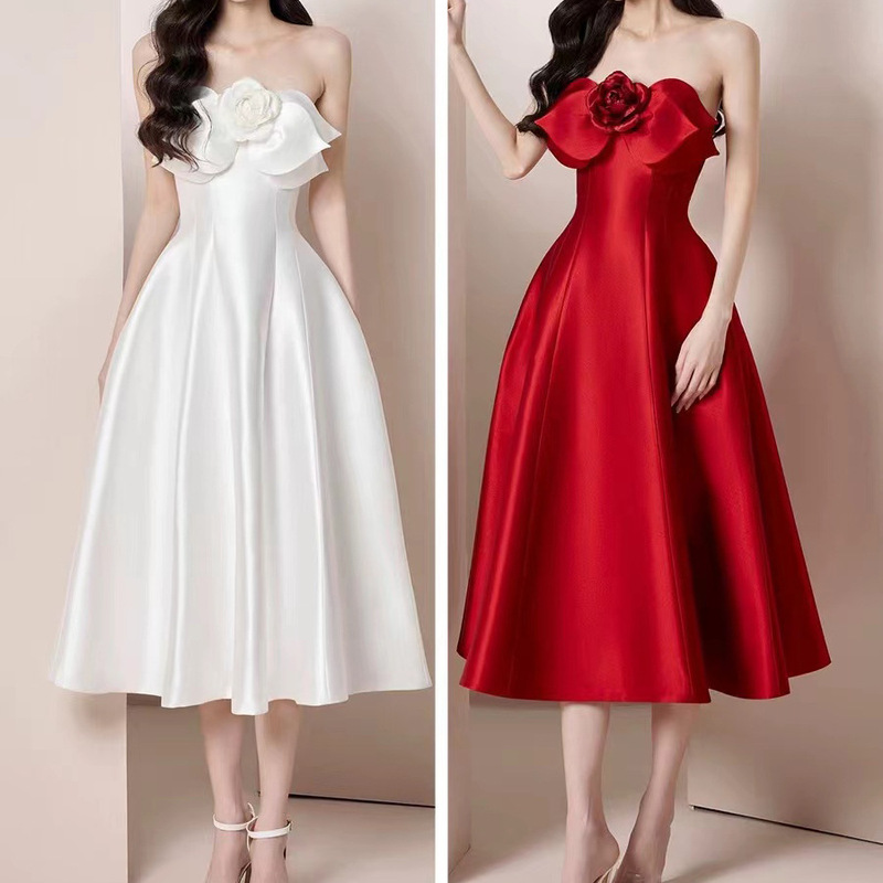 Vietnam Niche Brand 2026 Spring New French-Style Large Floral Satin Strapless Long Dress Annual Party Dress Bridesmaid Dress 1940