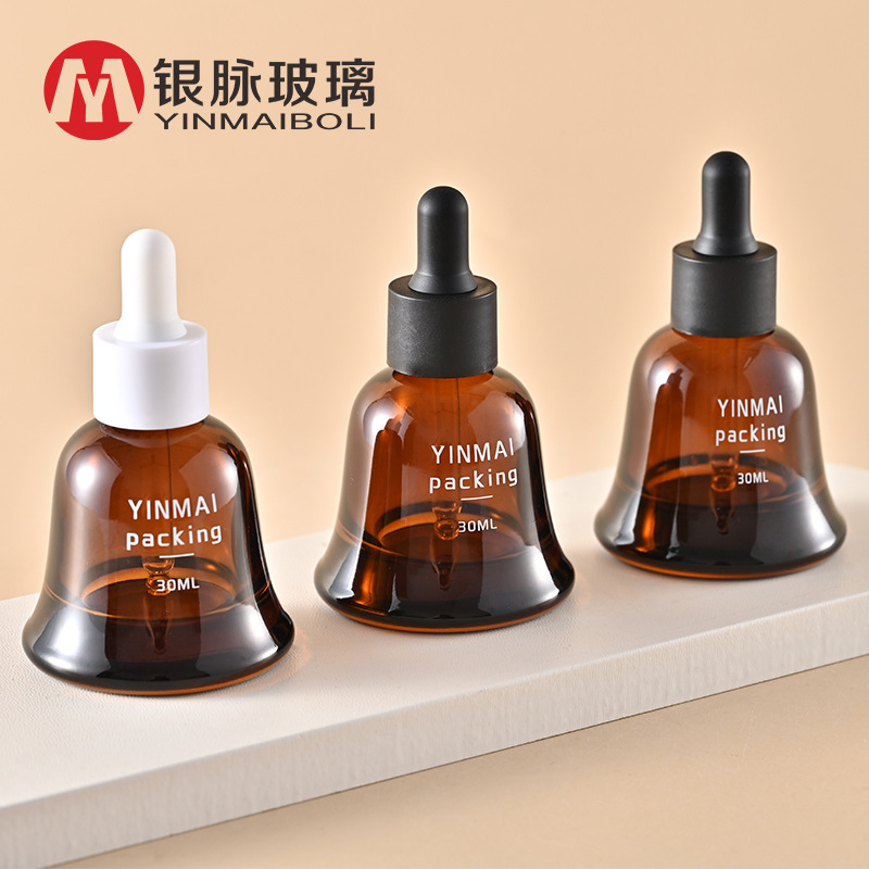 Silver Vein In-Stock 30ml Bell-Shaped Dropper Bottle Skincare Packaging Glass Essential Oil Bottle Creative Original Liquid Golden Bell Dispensing Bottle