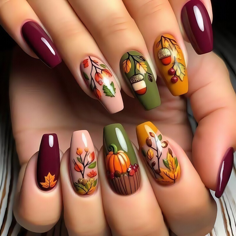 Autumn Elements Maple Leaf Pumpkin Branches and Leaves Manicure Wine Red Wearable Nail Nail Painting Fake Nail Tc-01 Autumn Elements Maple Leaf Pumpkin Branches and Leaves Manicure Wine Red Wearable Nail Nail Painting Fake Nail Tc-01
