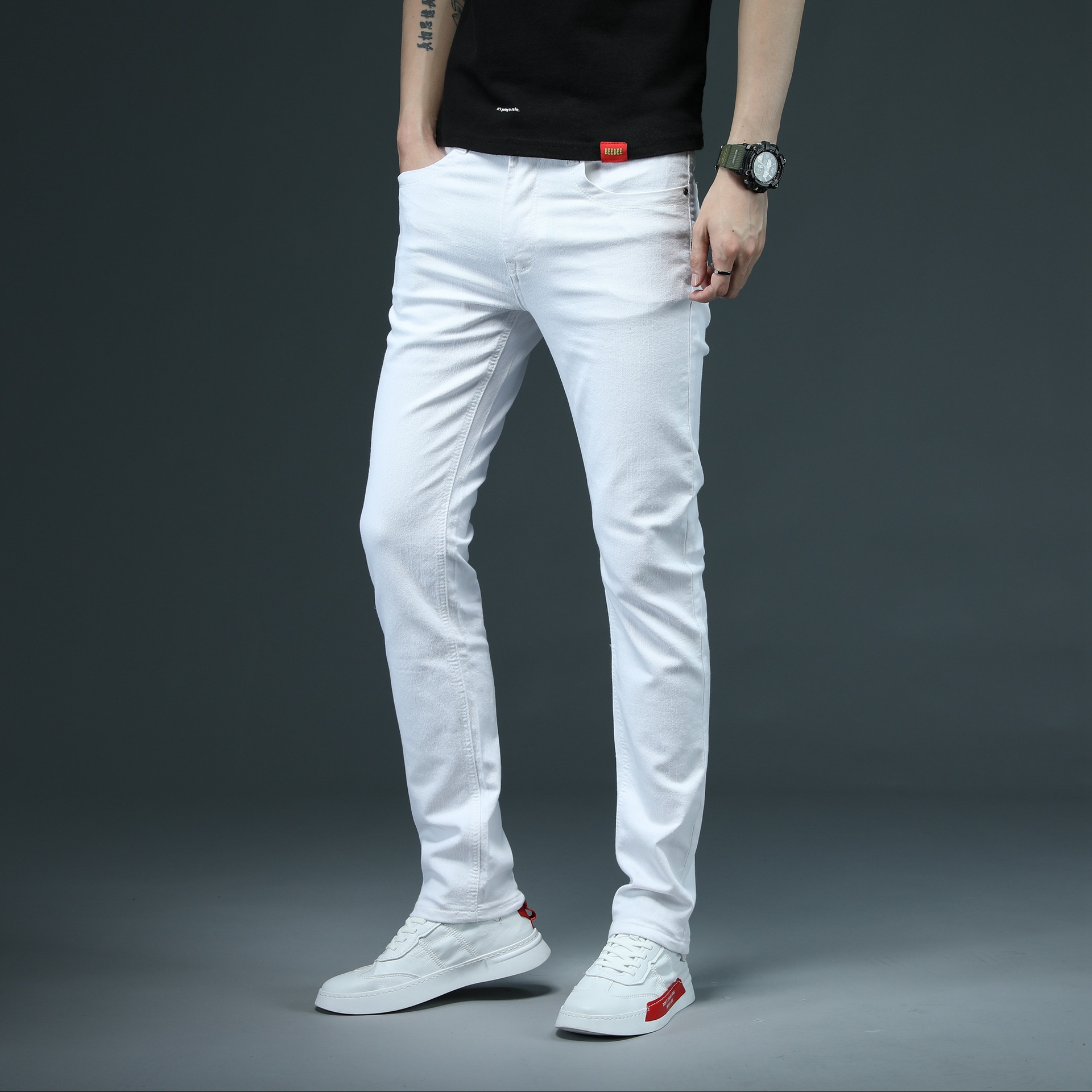 Pure White Men's Stretch Jeans Men's Youth Student's Daily Casual Sports Pants All-match Slim-fit Skinny Pants Men's