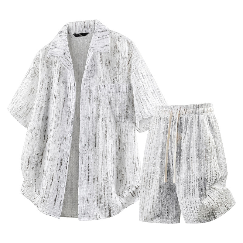Plus-size trendy retro casual short-sleeved shirt set for men, old-money style, fashionable loose jacquard summer two-piece set