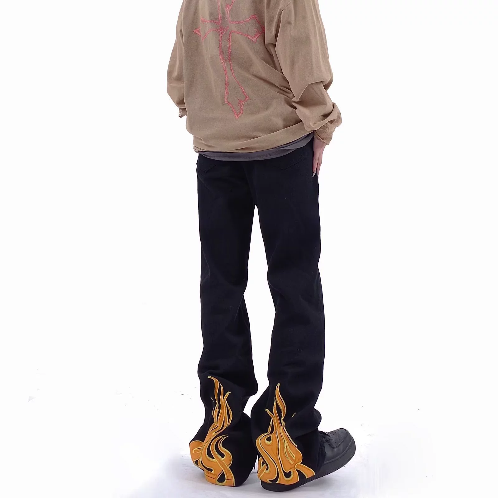 Американские уличные хип-хоп джинсы с принтом пламени мужские модные бренды в уличном хип-хопе свободные расклешенные брюки