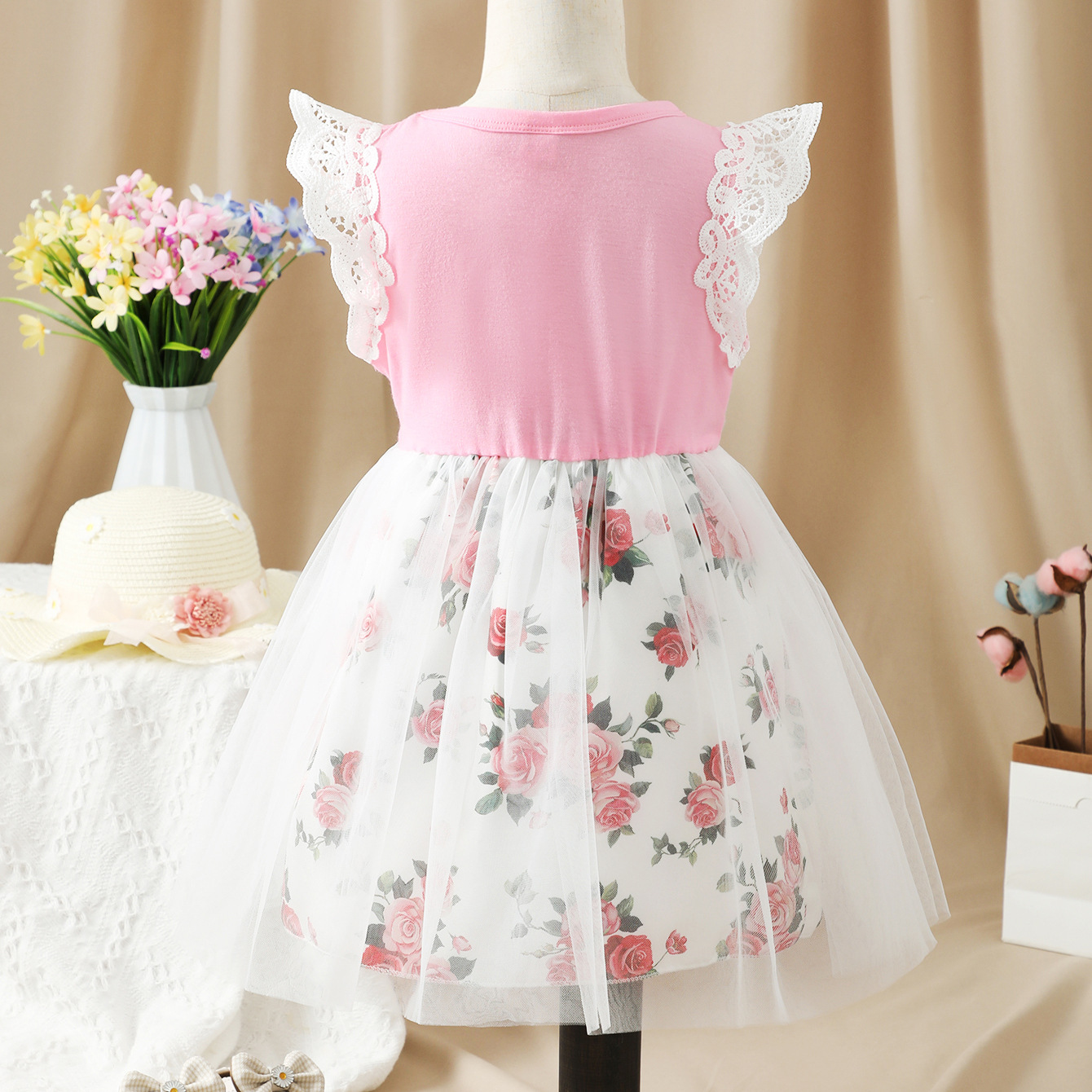 Romántico de manga de vuelo Flor de manga corta costura vestido de malla vestido de princesa vestido de hadas versátil fiesta de cumpleaños