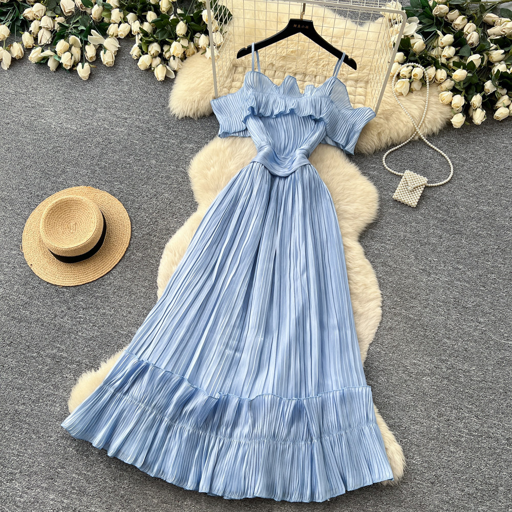 French Style Off-Shoulder Spaghetti Strap Dress Korean Waist Cinching Summer Elegant Long Dress for Vacation_ecoleips.com