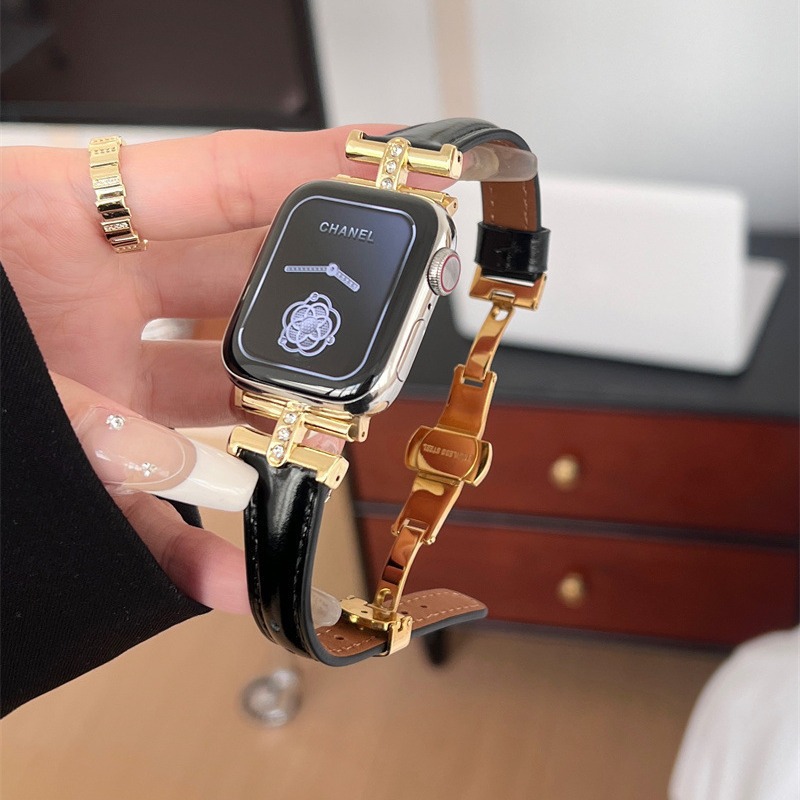 Suitable for Apple Watch S89 Women's Watch Strap Apple Watch10 Arc De Triomphe Diamond Butterfly Buckle Leather Strap Se