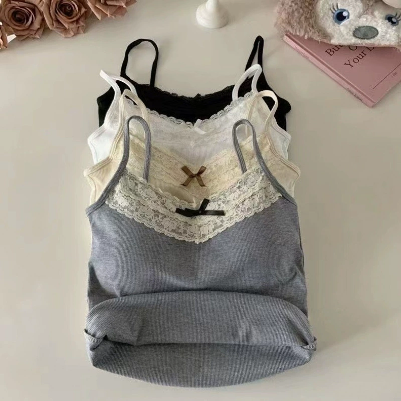 Благородная летняя майка из кружева с чашечками, дизайн короткой футболки с бантами без рукавов, кружевное платье, европейский стиль