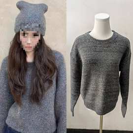 长期现货2025秋冬明星古力娜扎同款灰色圆领慵懒宽松针织衫毛衣女