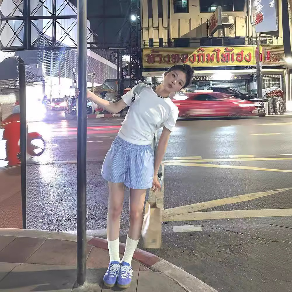 미국식 블루 스트라이프 캐주얼 반바지 여성 여름 하이 허리 드로우 스트링 통기성 빠른 건조 매운 스포츠 와이드 레그 비치 바지