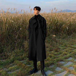 Autumn and Winter Double-Breasted Trench Coat for Men, Korean Style Loose Mid-Length Cape Over-The-Knee Coat, Trendy Thickened Jacket for Students