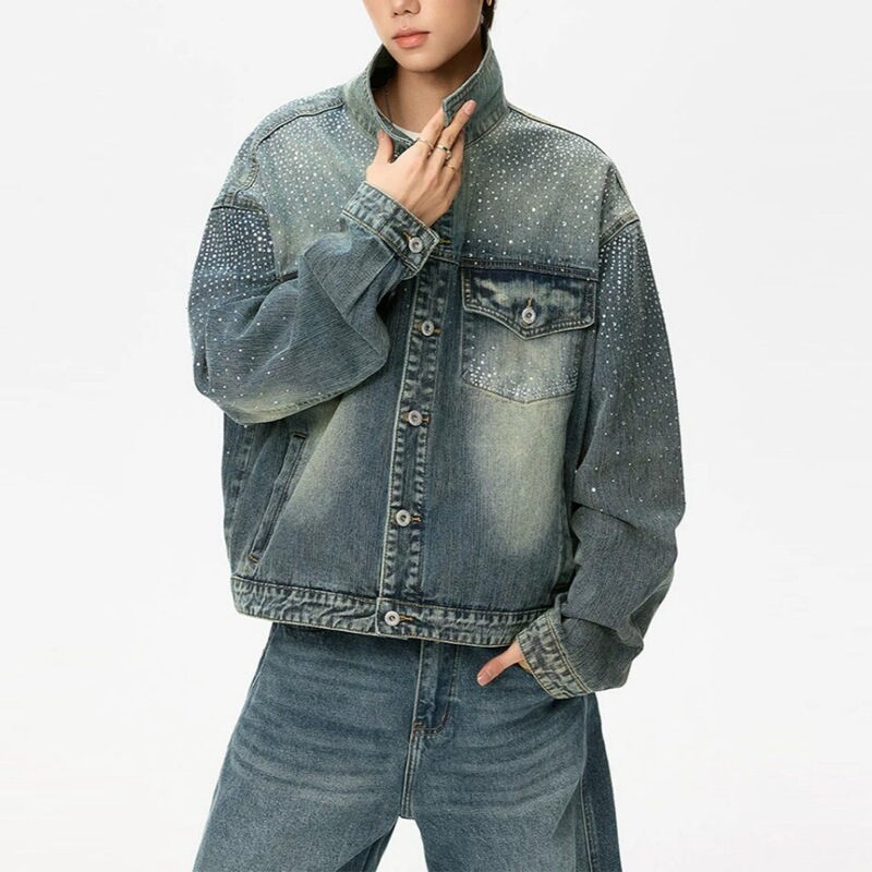 Gypsophila Washed Rhinestone Denim Jacket for Men and Women, New American Style Heavy-Duty Short Jacket with High-Street Design