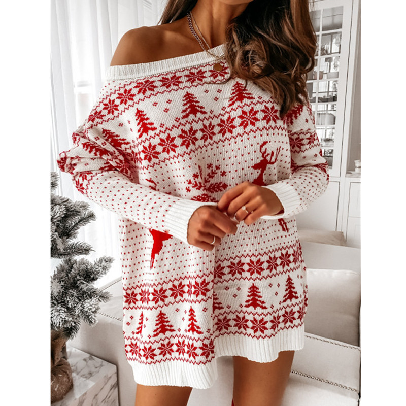 Damenbekleidung Strickpullover Damen Weihnachten Jacquard Locker gestrickt Langarmkleid_voghion.com