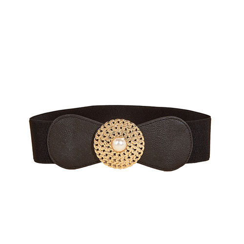 Retro Black Pearl Disc Belt for Women, Elastic Band Waist Closure, Chain-like Belt, Outerwear Suit Dress with Belt