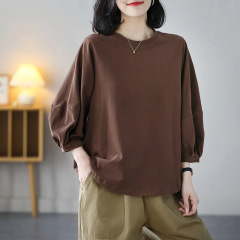 無地シンプルな春夏の新スタイル多用途文学レトロランタンスリーブTシャツカジュアル七分袖トップス女性用