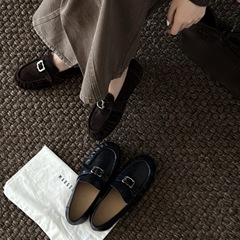 MARCO&JOYCE秋冬新款圆头低跟平底单鞋一脚蹬金属扣时装牛皮女鞋
