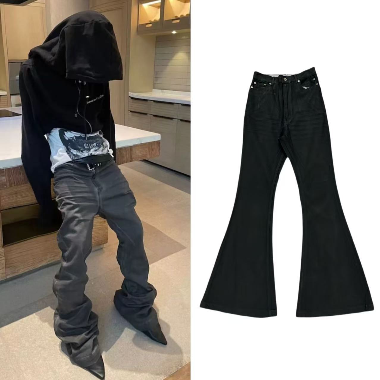 Original RO Style Old Washed Black Grey Coated Wax Brushed Pants High Street Slimming Micro Horn Stacking Sense Jeans Trendy Men