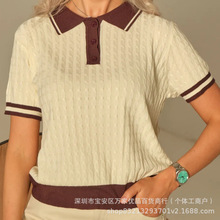 欧美撞色杏色拼接polo领短袖针织衫女春夏新款慵懒风休闲百搭上衣